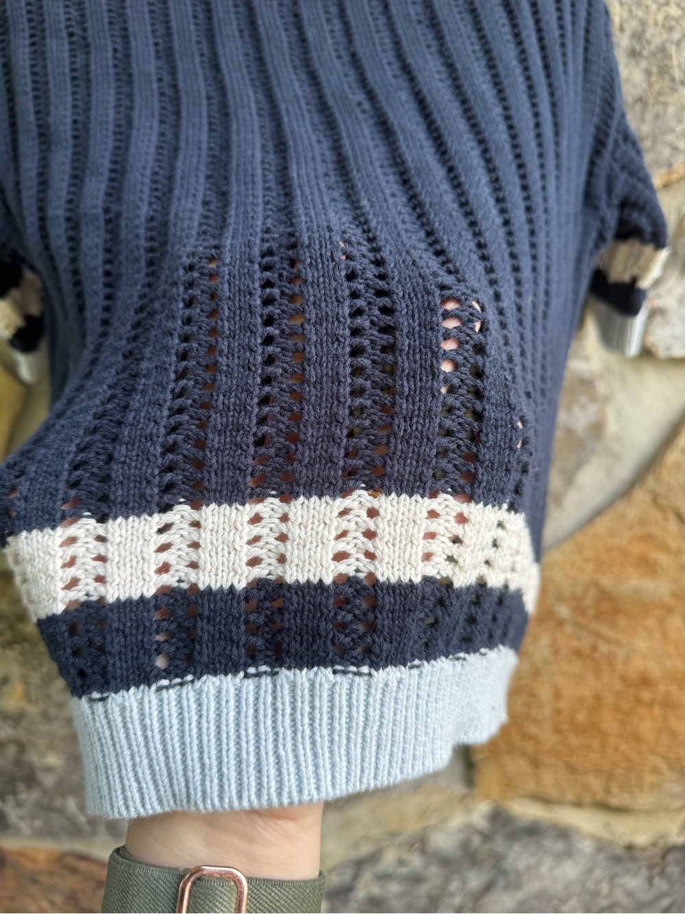 Urban Outfitters Navy Open-Knit Short Sleeve Button Cardigan 100% Cotton Dadcore - Picture 8 of 11